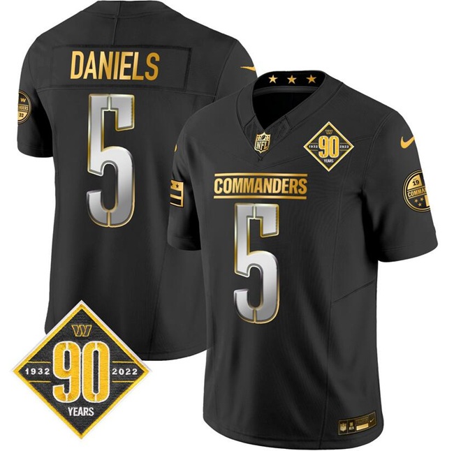 Men's Black Gold Washington Commanders #5 Jayden Daniels F.U.S.E. 90th Anniversary Vapor Limited Stitched Football Jersey